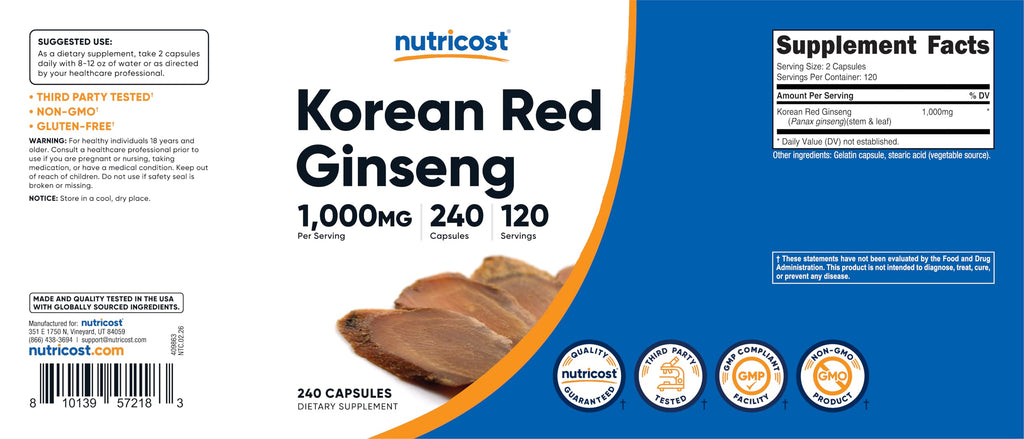 Nutricost brand Korean Red Ginseng dietary supplement bottle