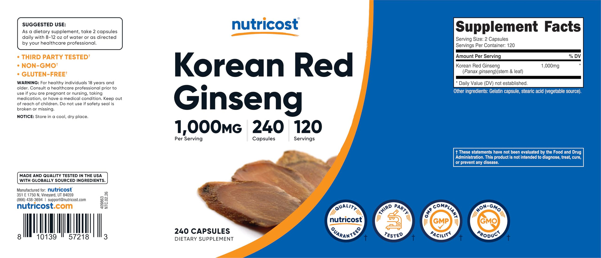 Nutricost brand Korean Red Ginseng dietary supplement bottle