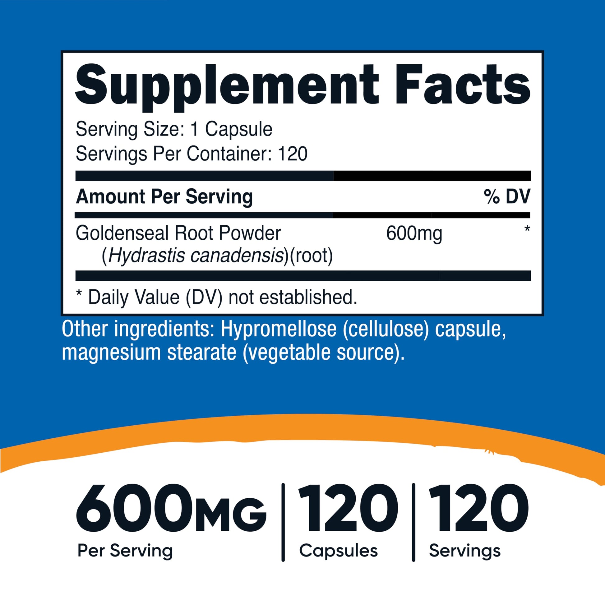 Nutricost Goldenseal Root dietary supplement label instructions and nutrition facts panel