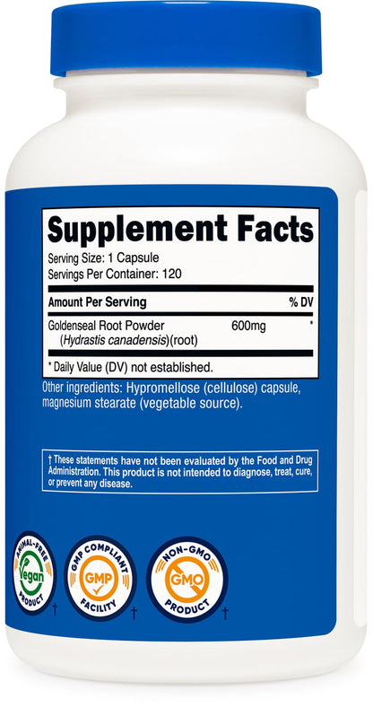Nutricost Goldenseal Root 120 vegetarian capsules bottle standing upright on clean surface