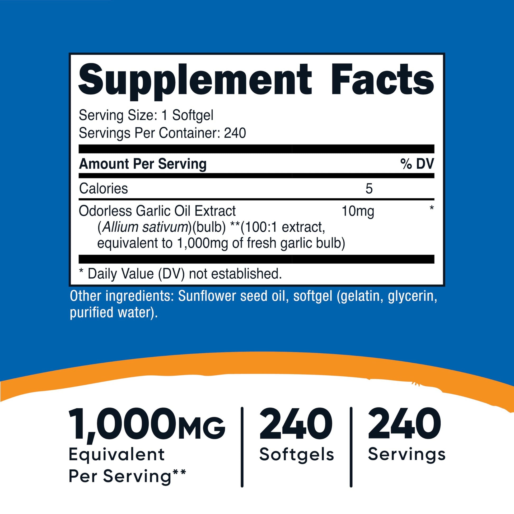 Nutricost premium odorless garlic supplement label showing non-GMO and gluten-free certification