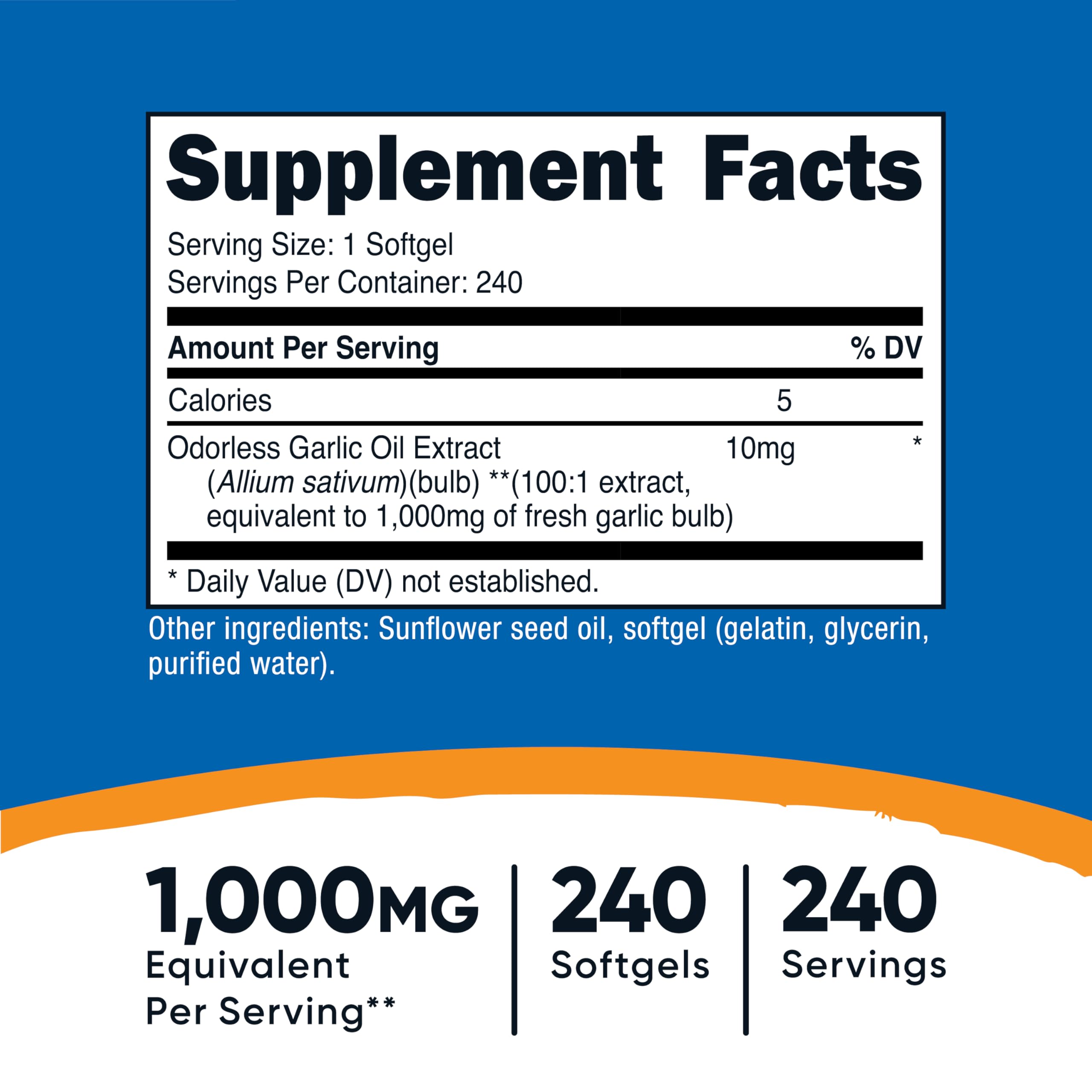 Nutricost premium odorless garlic supplement label showing non-GMO and gluten-free certification