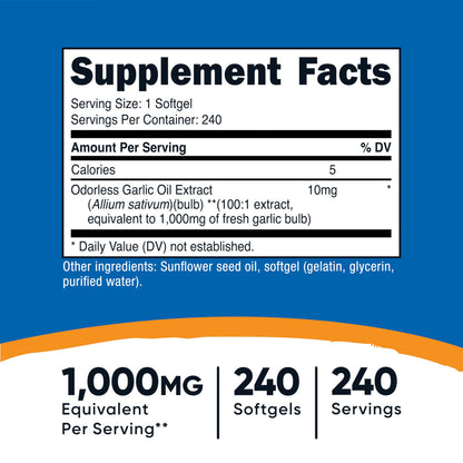 Nutricost premium odorless garlic supplement label showing non-GMO and gluten-free certification