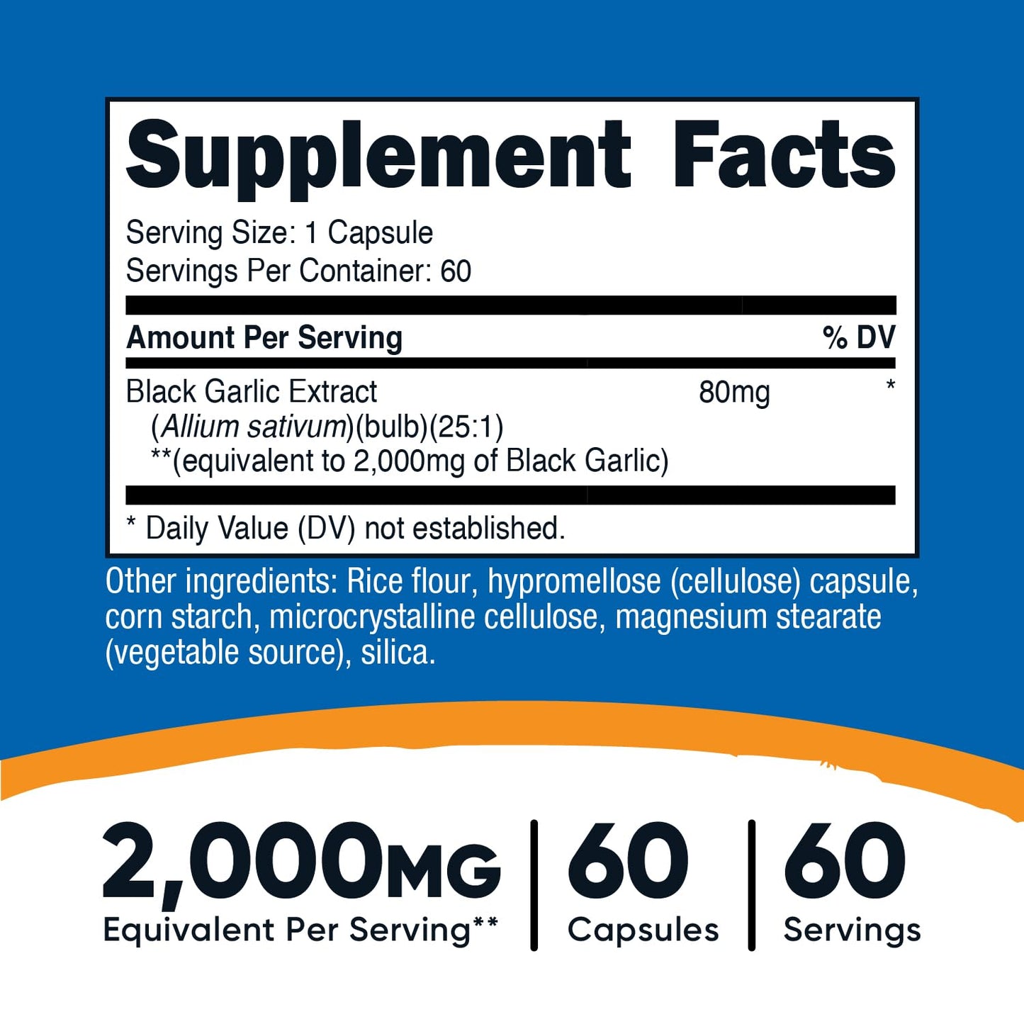 Nutricost Aged Black Garlic 25:1 extract supplement bottle displaying serving size and dietary facts.