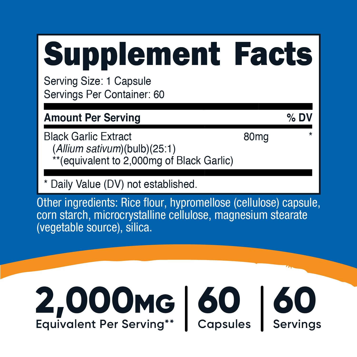 Nutricost Aged Black Garlic 25:1 extract supplement bottle displaying serving size and dietary facts.
