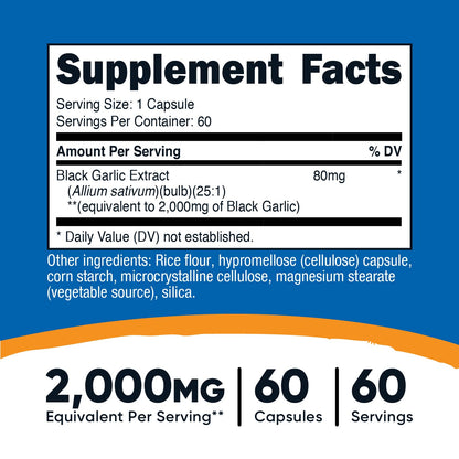 Nutricost Aged Black Garlic 25:1 extract supplement bottle displaying serving size and dietary facts.