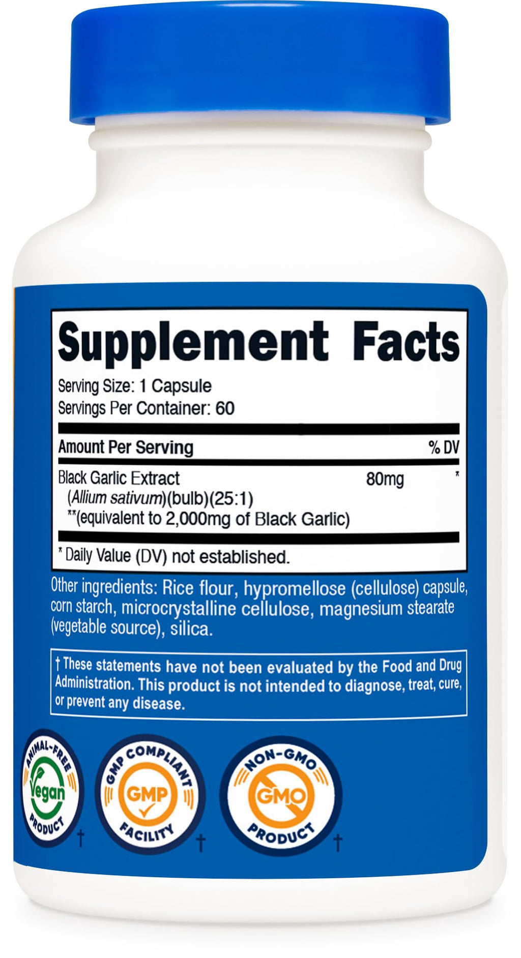 Close-up view of Nutricost premium aged black garlic dietary supplement packaging instructions.