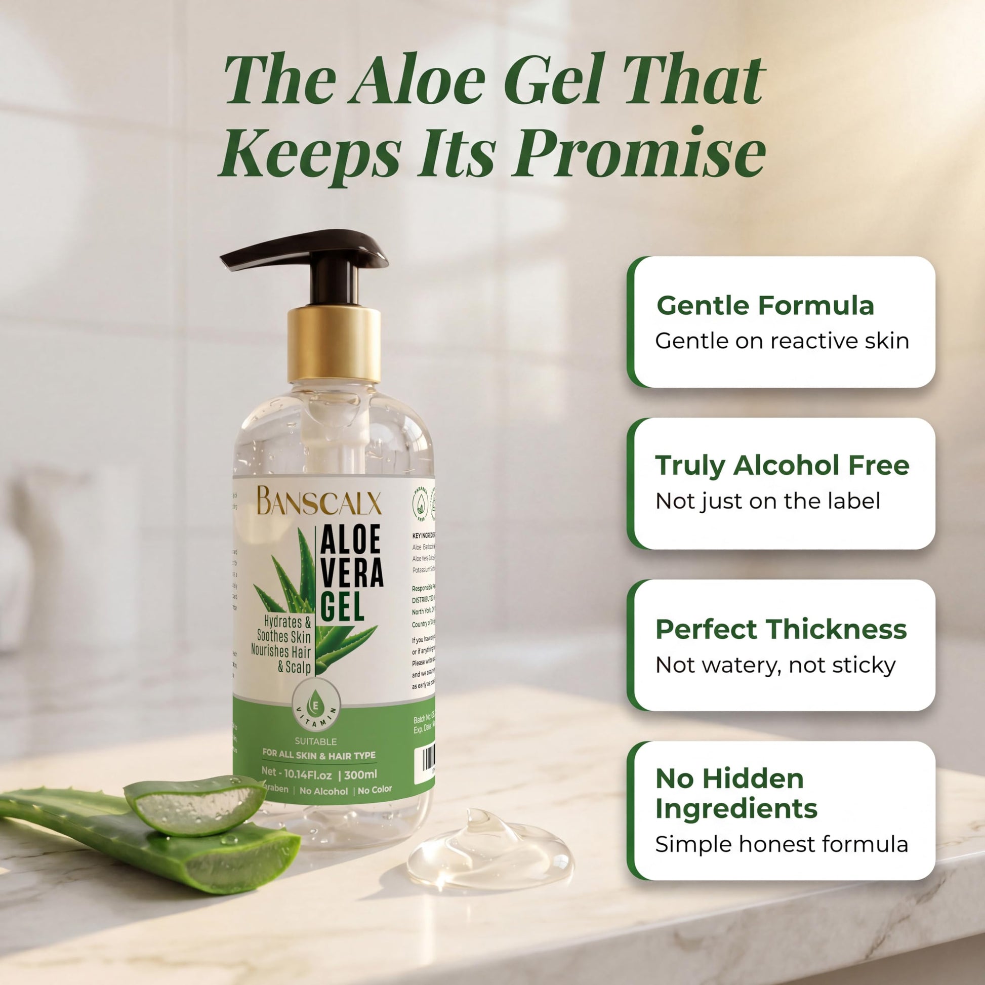 Close up of Banscalx Aloe Vera Gel packaging and bottle design