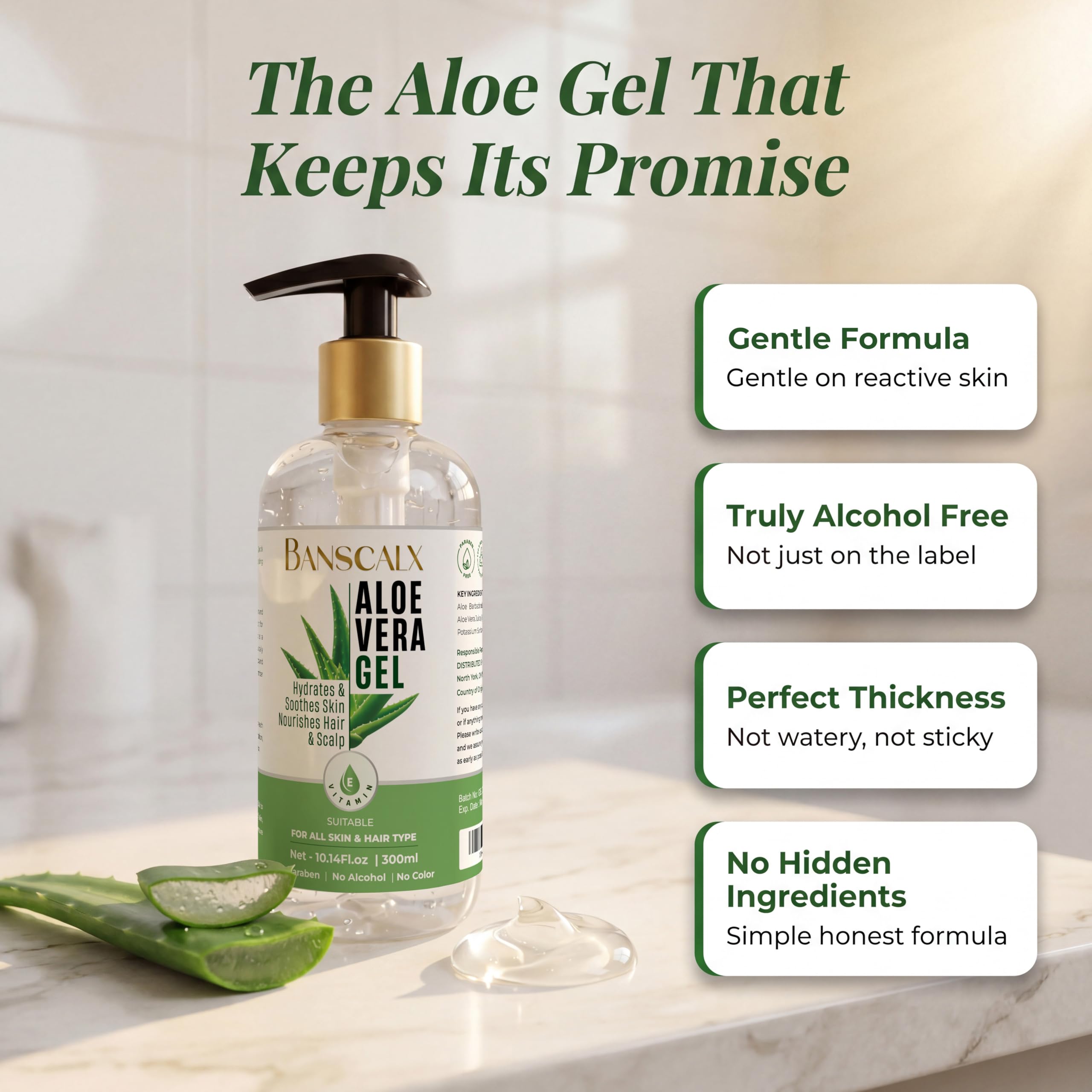 Close up of Banscalx Aloe Vera Gel packaging and bottle design