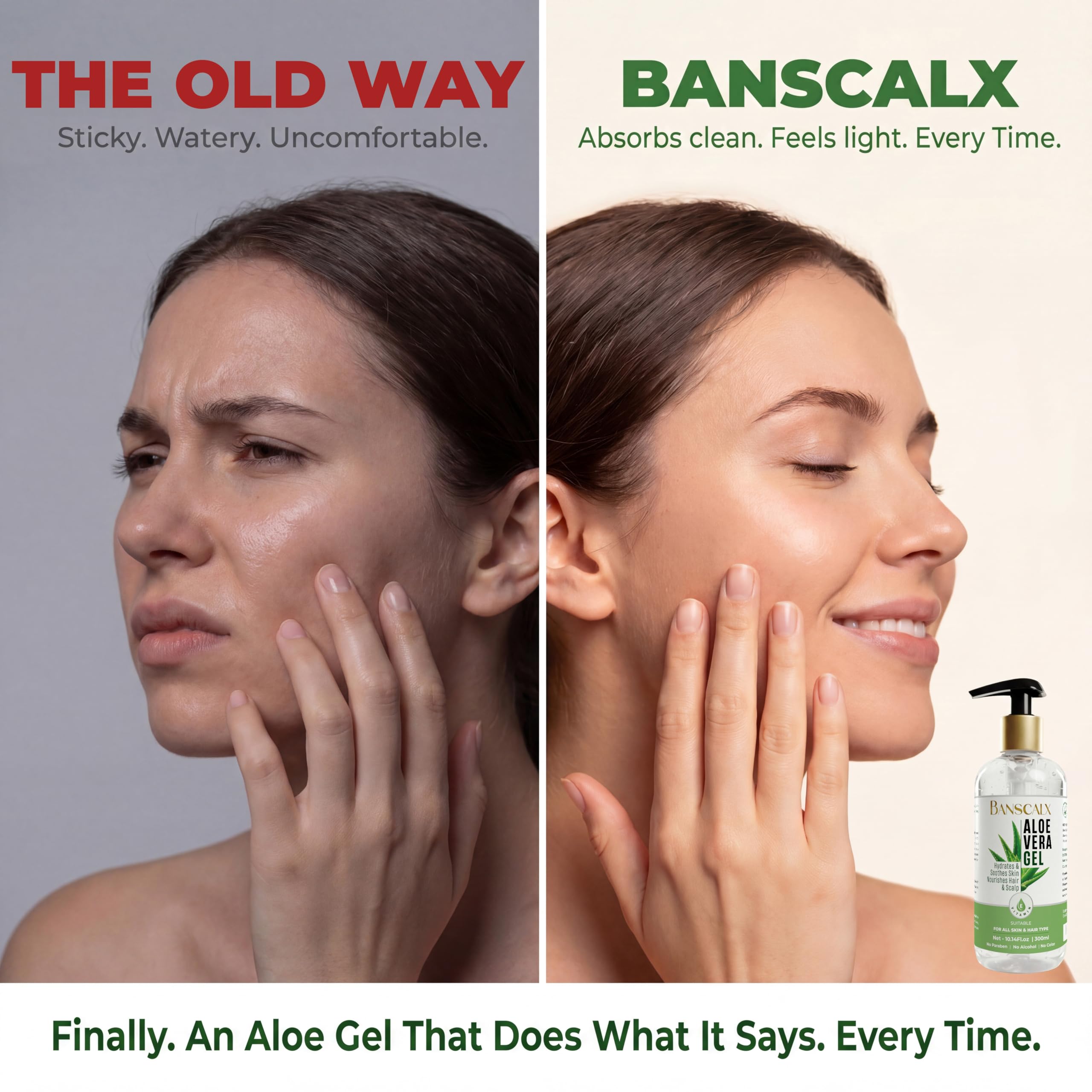 Banscalx Aloe Vera Gel bottle showing usage for hair and skin