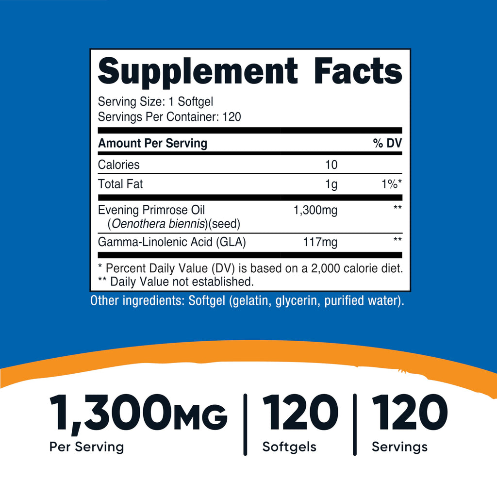 Nutricost cold pressed evening primrose oil supplement nutritional facts panel.