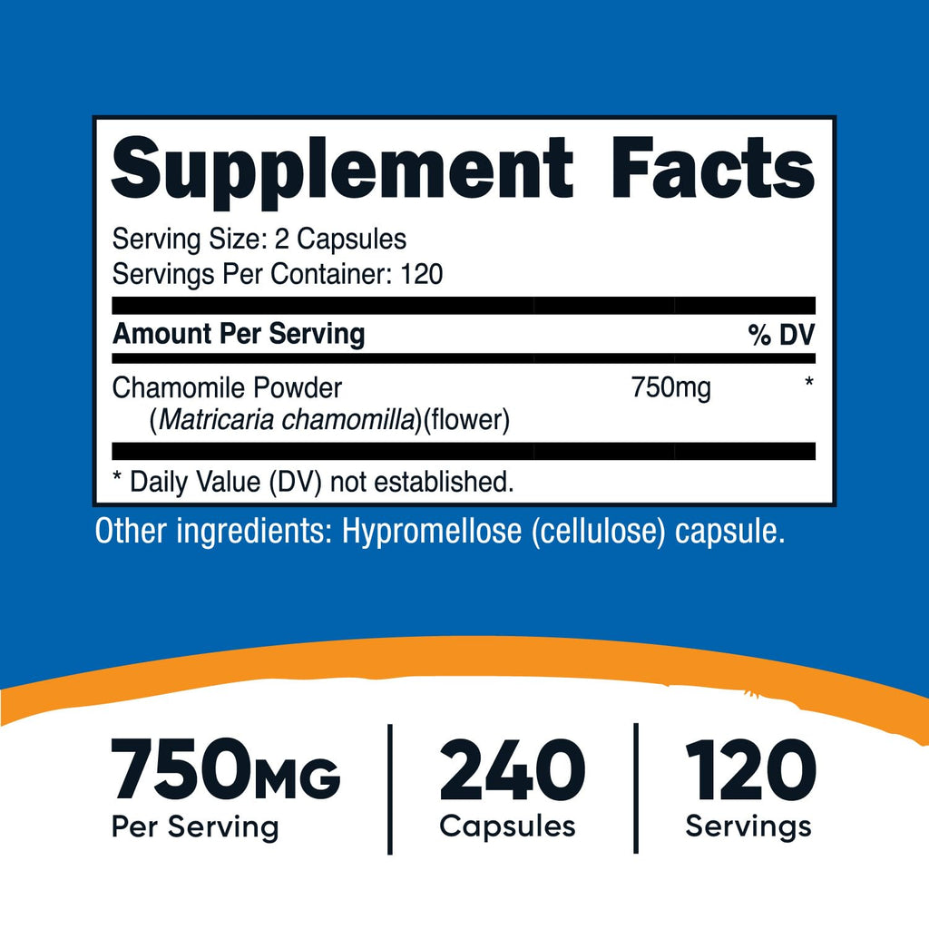 Nutricost Chamomile herbal supplement supplement facts panel showing ingredient dosage and servings