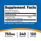 Nutricost Chamomile herbal supplement supplement facts panel showing ingredient dosage and servings