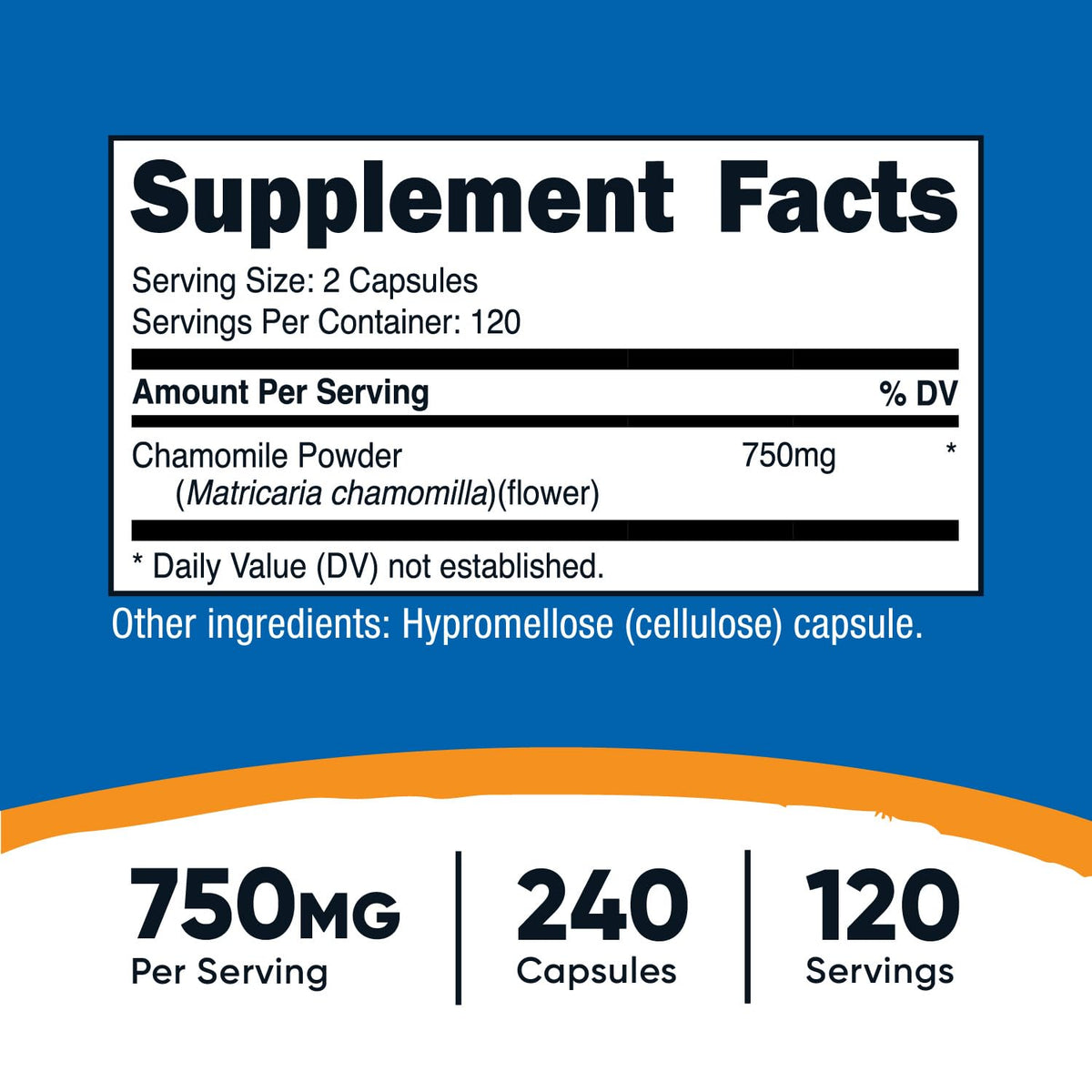 Nutricost Chamomile herbal supplement supplement facts panel showing ingredient dosage and servings