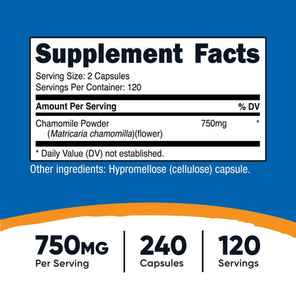Nutricost Chamomile herbal supplement supplement facts panel showing ingredient dosage and servings