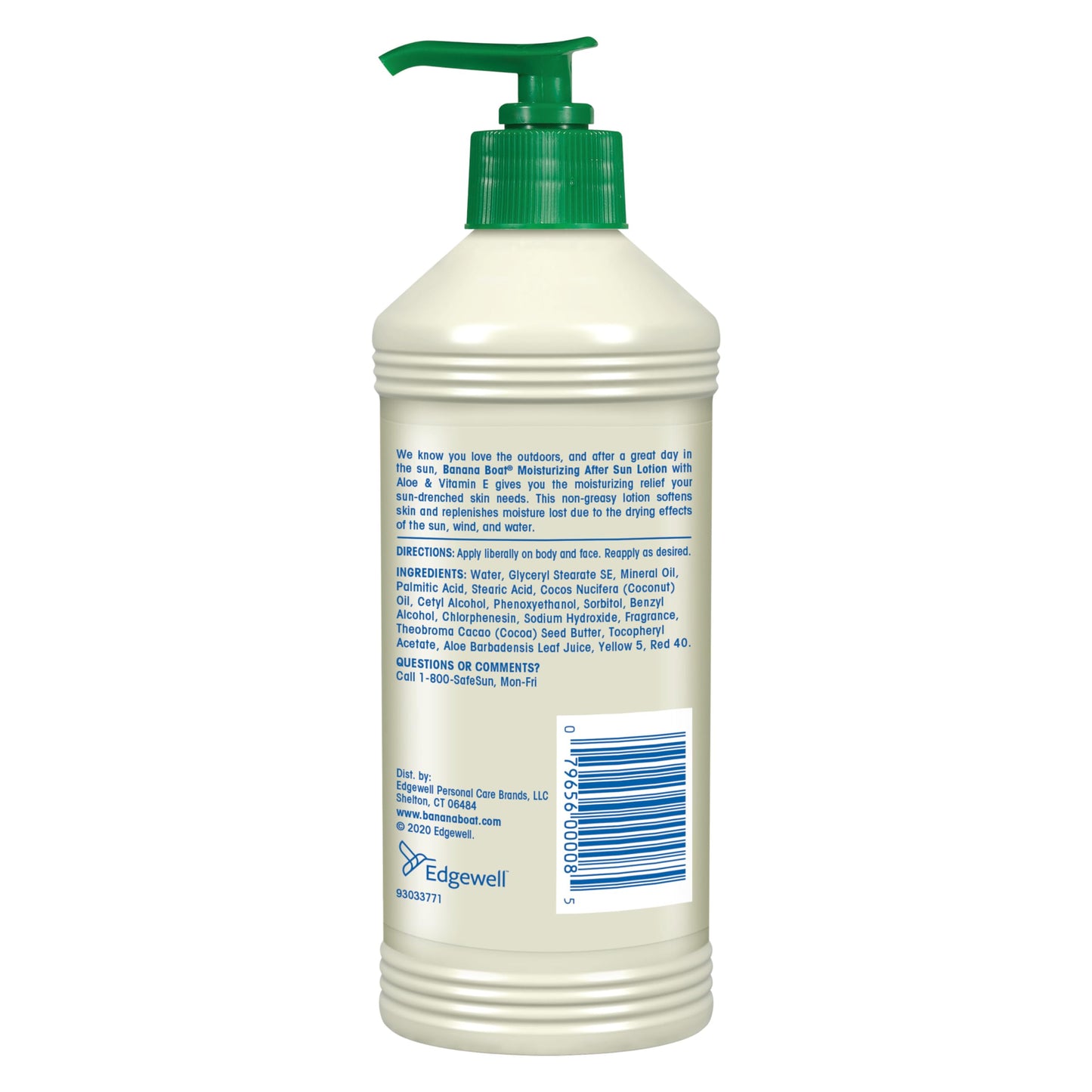 Banana Boat after sun lotion pump bottle showing aloe and vitamin E label