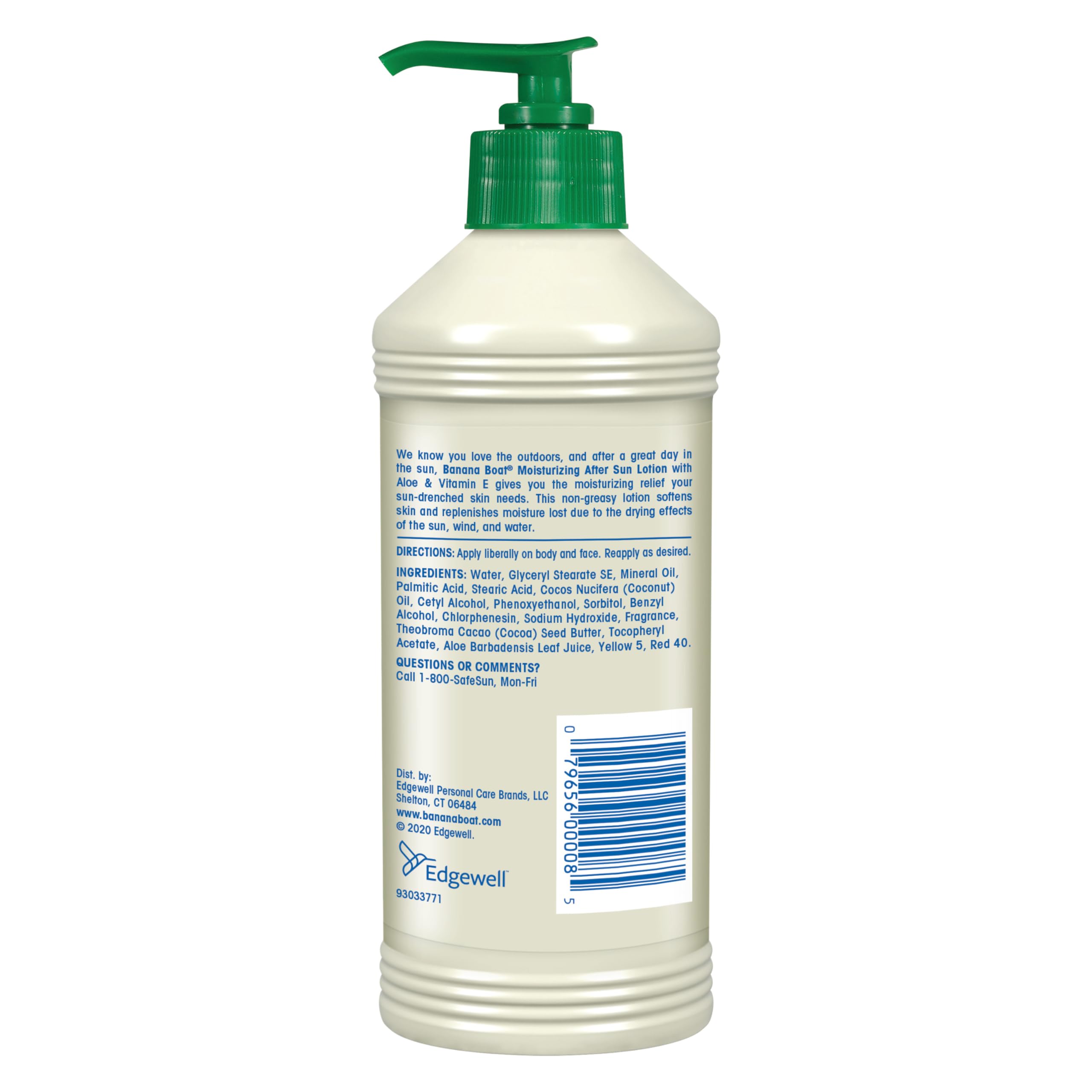Banana Boat after sun lotion pump bottle showing aloe and vitamin E label
