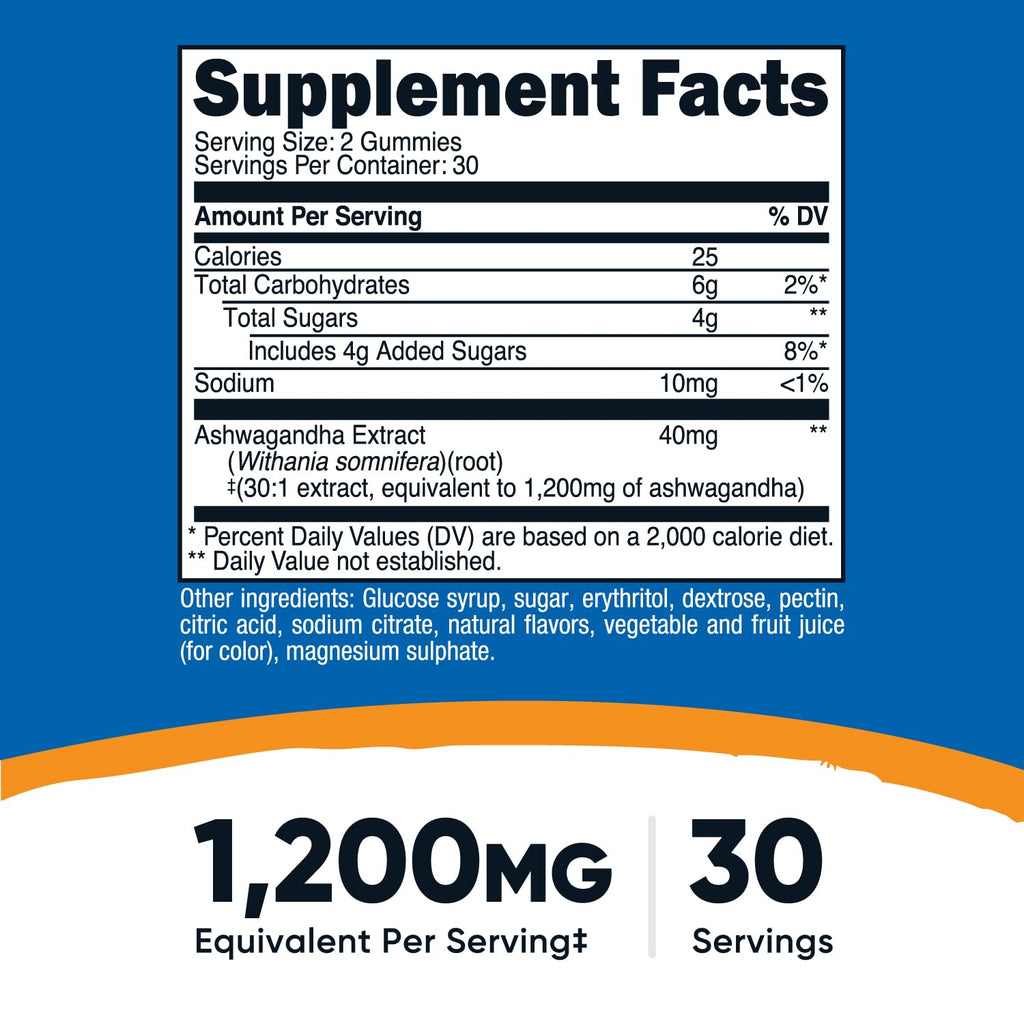 Nutricost Ashwagandha 1200mg equivalent vegetarian gummies supplement facts label view