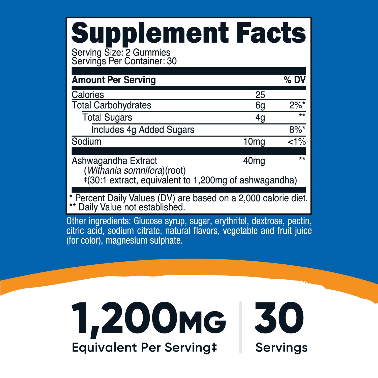Nutricost Ashwagandha 1200mg equivalent vegetarian gummies supplement facts label view