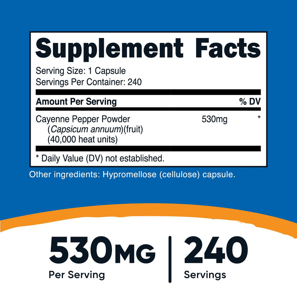 Side angle view of Nutricost Cayenne Pepper capsules showing supplement facts panel with forty thousand heat units.