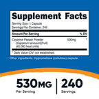 Side angle view of Nutricost Cayenne Pepper capsules showing supplement facts panel with forty thousand heat units.