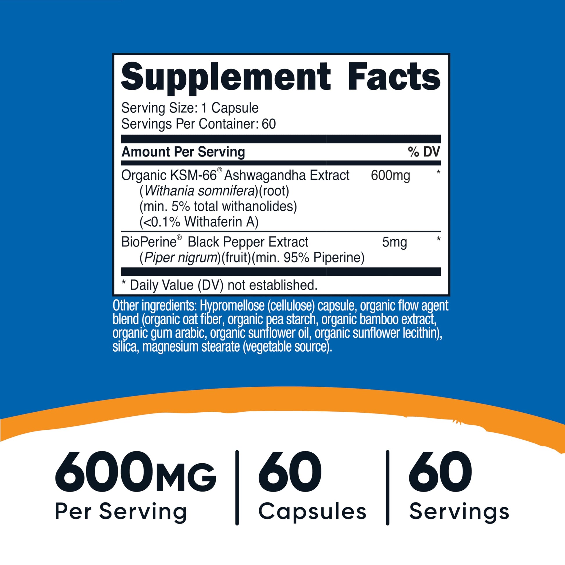 Side angle of Nutricost KSM-66 Ashwagandha root extract 60 veggie capsules showing the product description and premium quality manufacturing seals.
