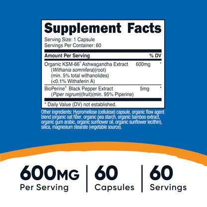Side angle of Nutricost KSM-66 Ashwagandha root extract 60 veggie capsules showing the product description and premium quality manufacturing seals.