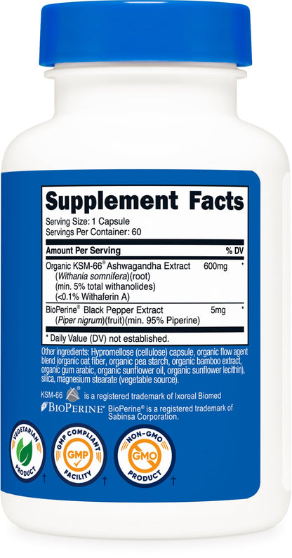 Nutricost KSM-66 Ashwagandha 60 veggie capsules package showing the standardized 5% withanolides specification for high-potency adaptogenic support.