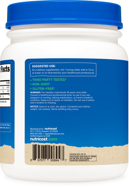 Nutricost USDA certified organic seal on alfalfa powder bottle