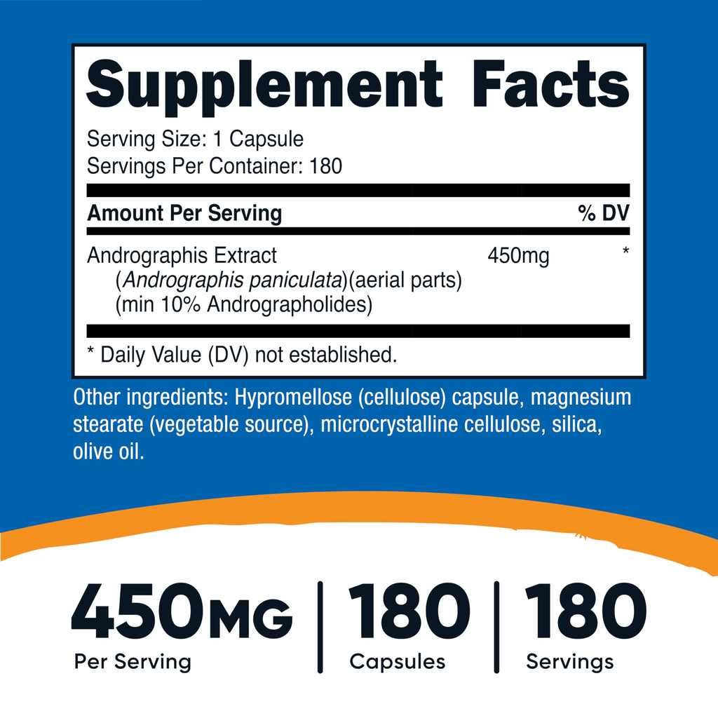 Nutricost Andrographis Extract 450mg side view showing ingredients, serving sizes, and non-GMO certification details.