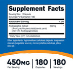 Nutricost Andrographis Extract 450mg side view showing ingredients, serving sizes, and non-GMO certification details.