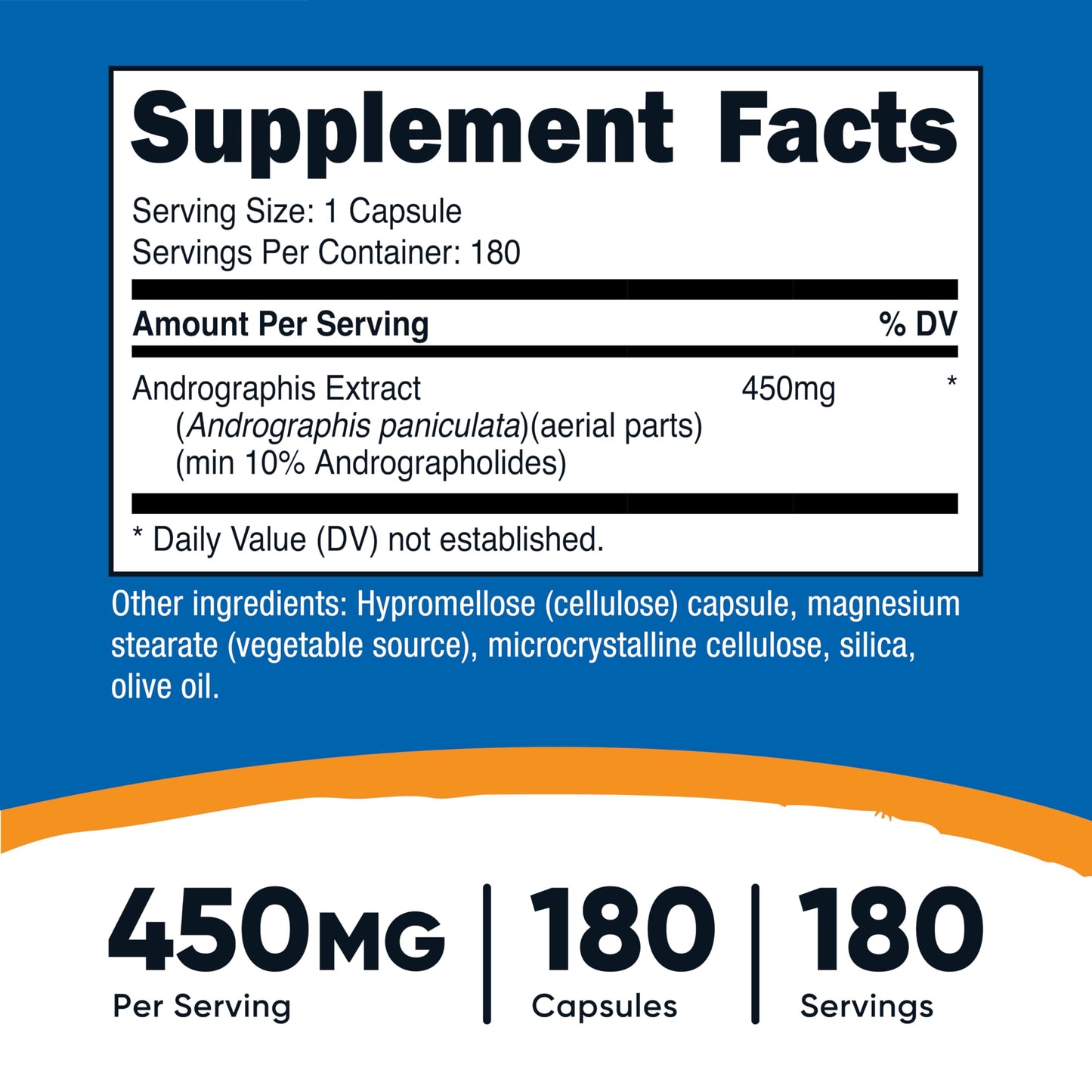 Nutricost Andrographis Extract 450mg side view showing ingredients, serving sizes, and non-GMO certification details.