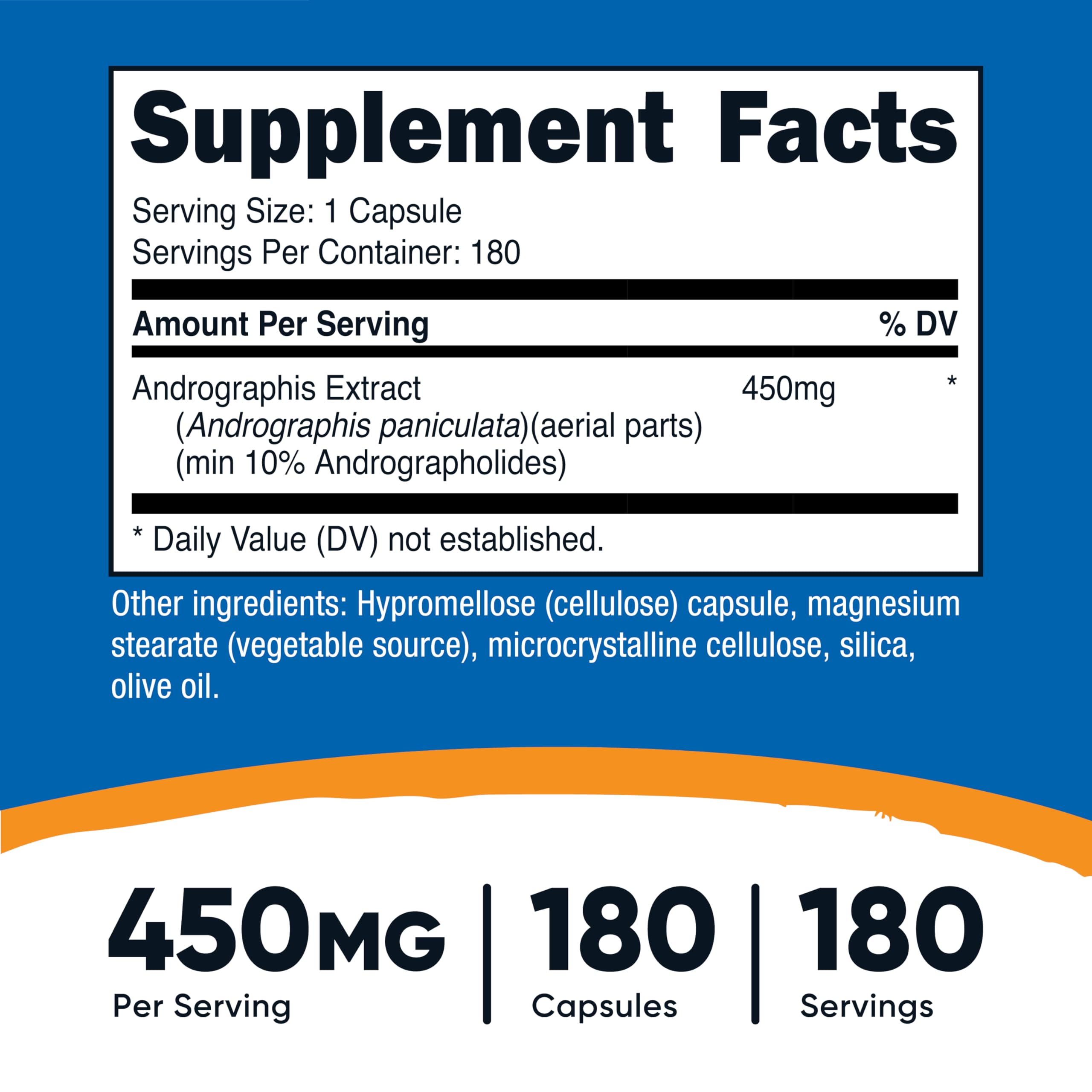 Nutricost Andrographis Extract 450mg side view showing ingredients, serving sizes, and non-GMO certification details.
