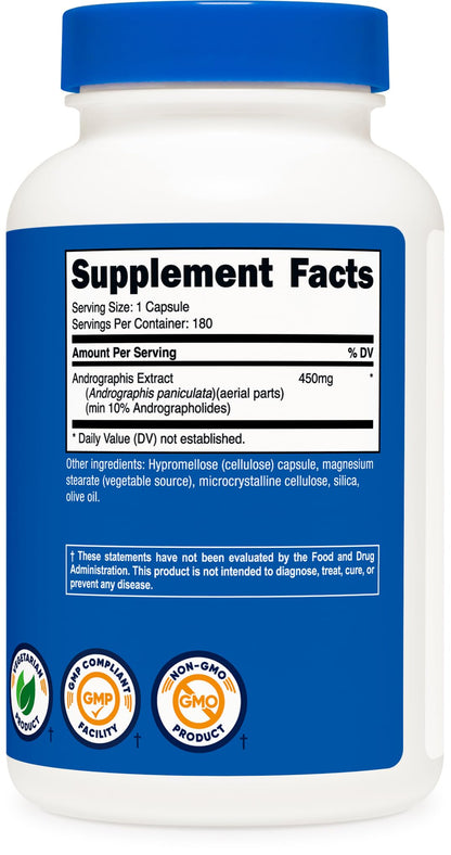Nutricost Andrographis paniculata extract botanical supplement product packaging displaying directions for recommended daily usage.