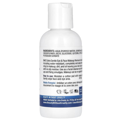 Beauty Without Cruelty fragrance free face and eye makeup remover bottle showcasing certified vegan details