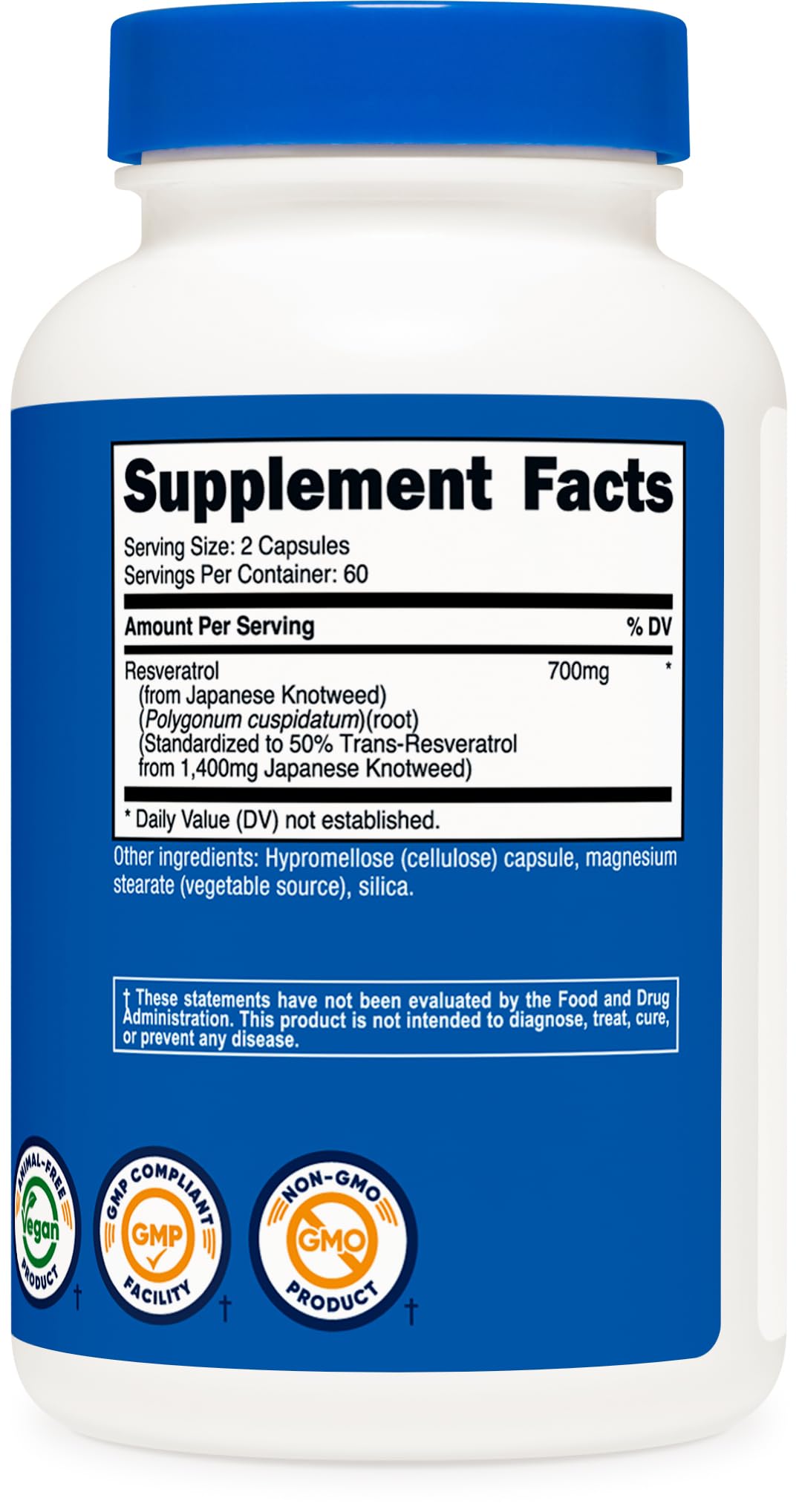 Nutricost Resveratrol vegan gluten free certification seals