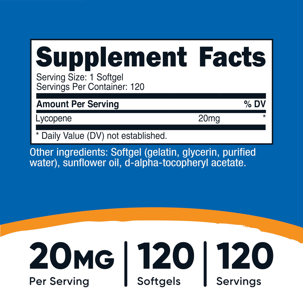 Nutricost Lycopene 120 softgels supplement facts label