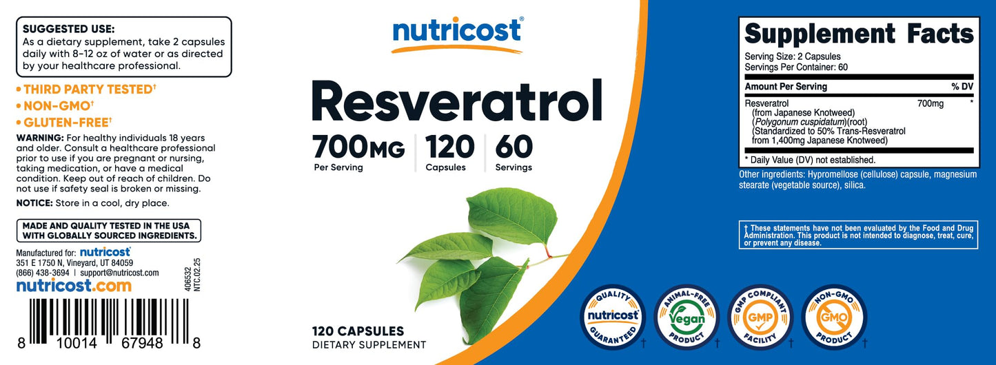 Nutricost Resveratrol bottle showing Non-GMO certification