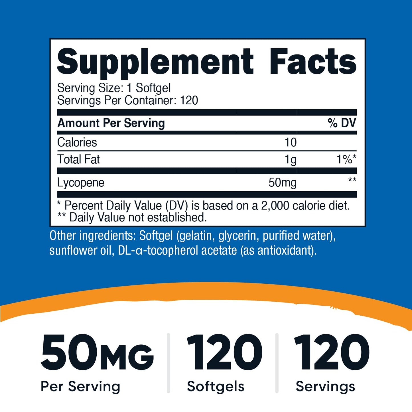 Nutricost Lycopene 50mg supplement facts label displaying ingredients and serving size details