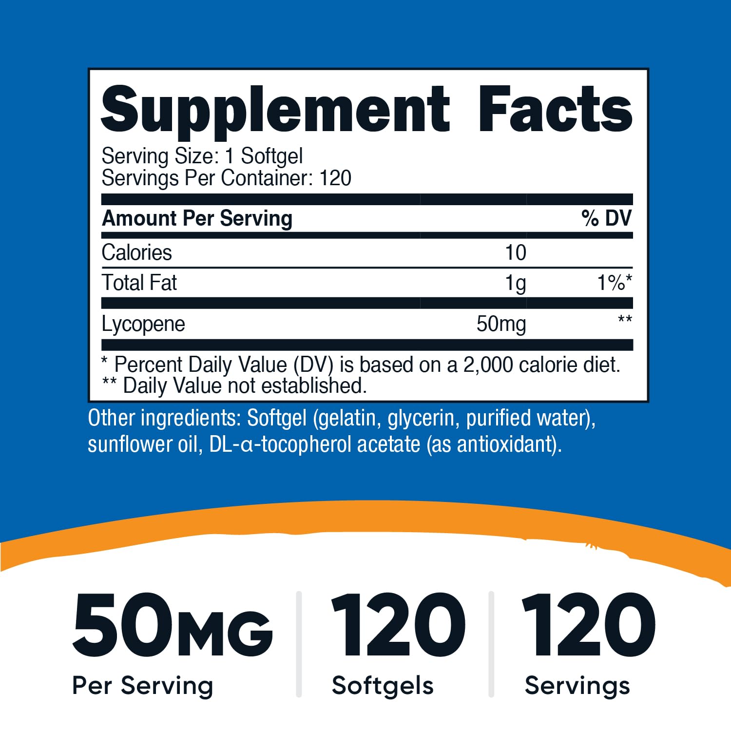 Nutricost Lycopene 50mg supplement facts label displaying ingredients and serving size details