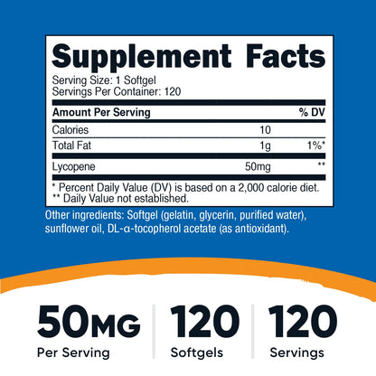 Nutricost Lycopene 50mg supplement facts label displaying ingredients and serving size details