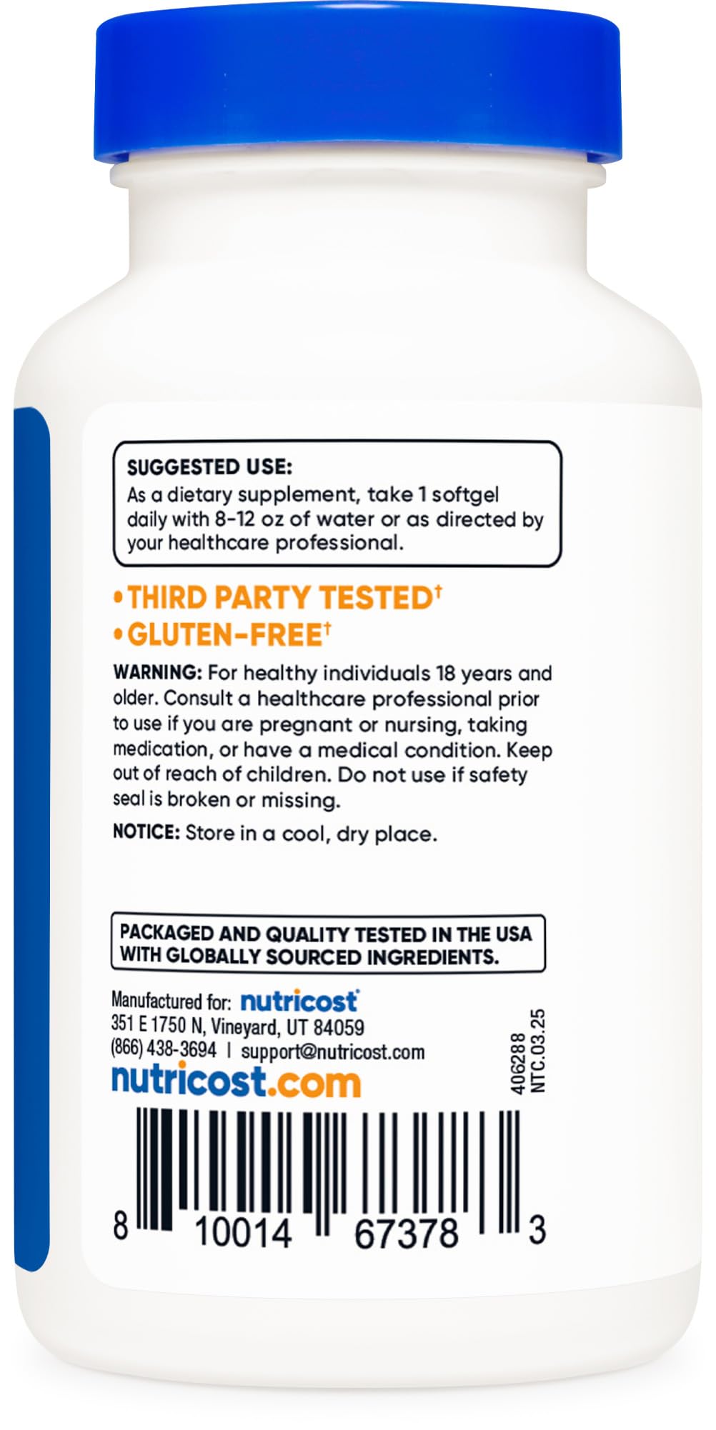 Side angle view of USA-imported Nutricost Lycopene 50mg antioxidant softgel container
