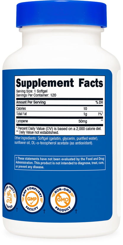 Nutricost Lycopene dietary supplement packaging layout illustrating prostate and heart health benefits