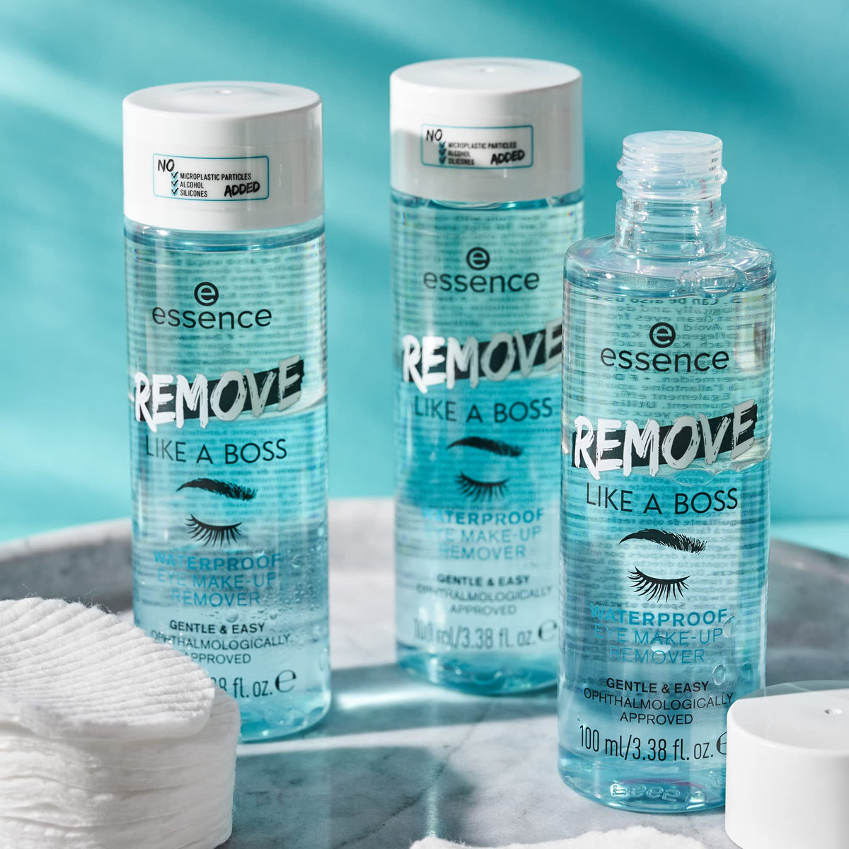 Essence bi-phase waterproof makeup remover showing dual layer formula