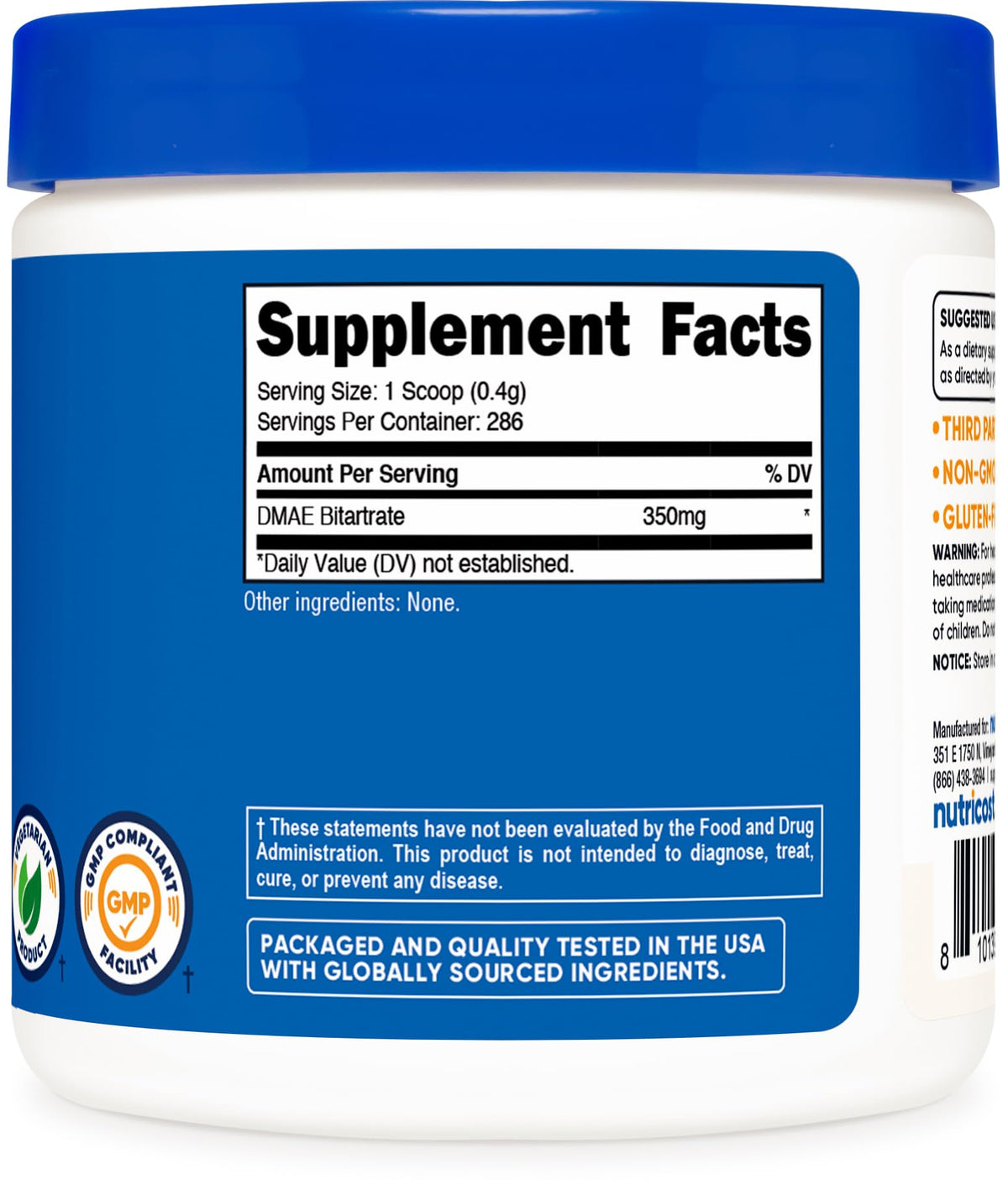 Nutricost Pure Dmae Bitartrate Powder container size illustration