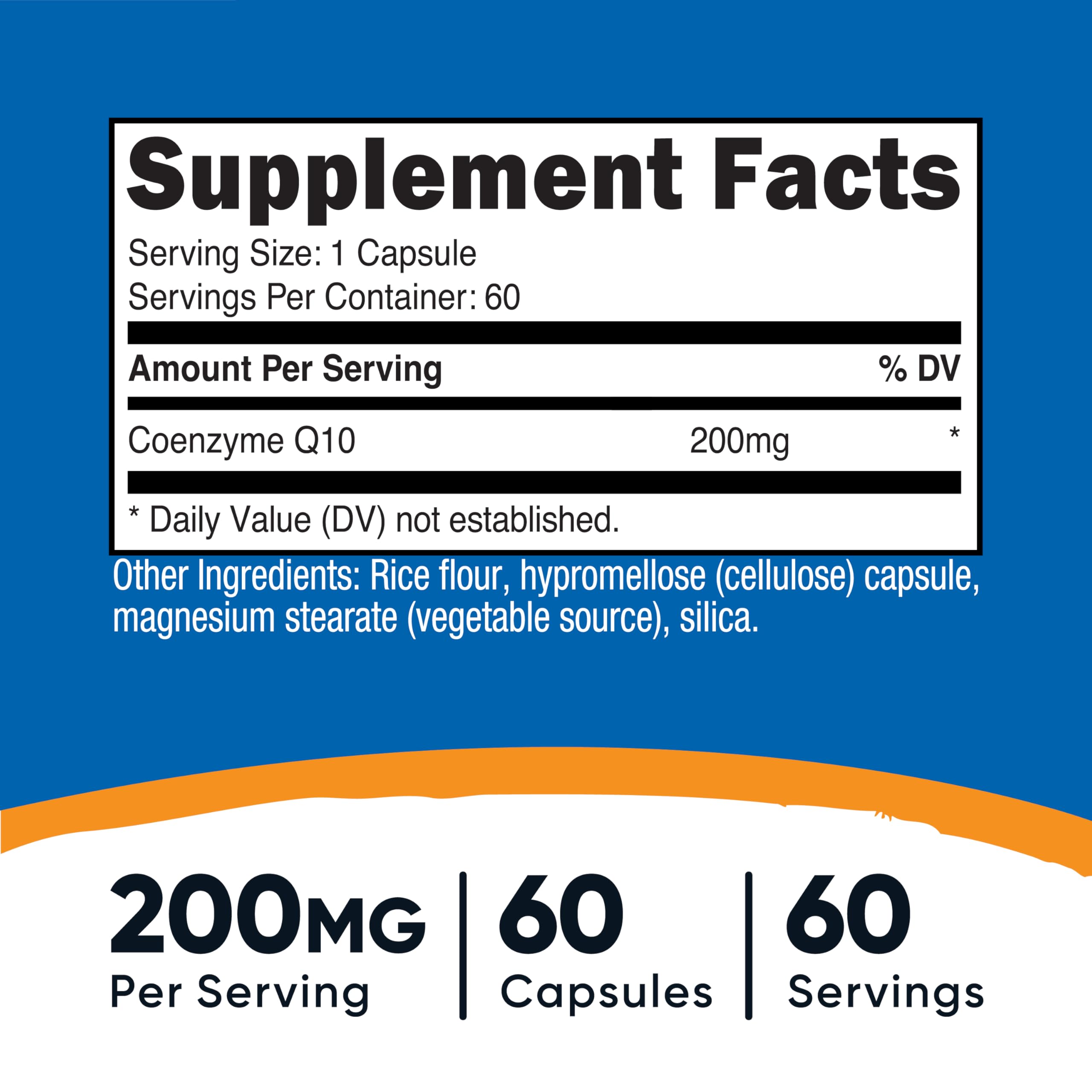 Nutricost coenzyme Q10 supplement bottle showing supplement facts and ingredient list panel