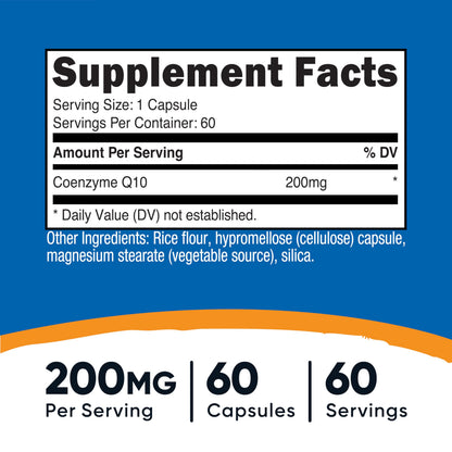Nutricost coenzyme Q10 supplement bottle showing supplement facts and ingredient list panel
