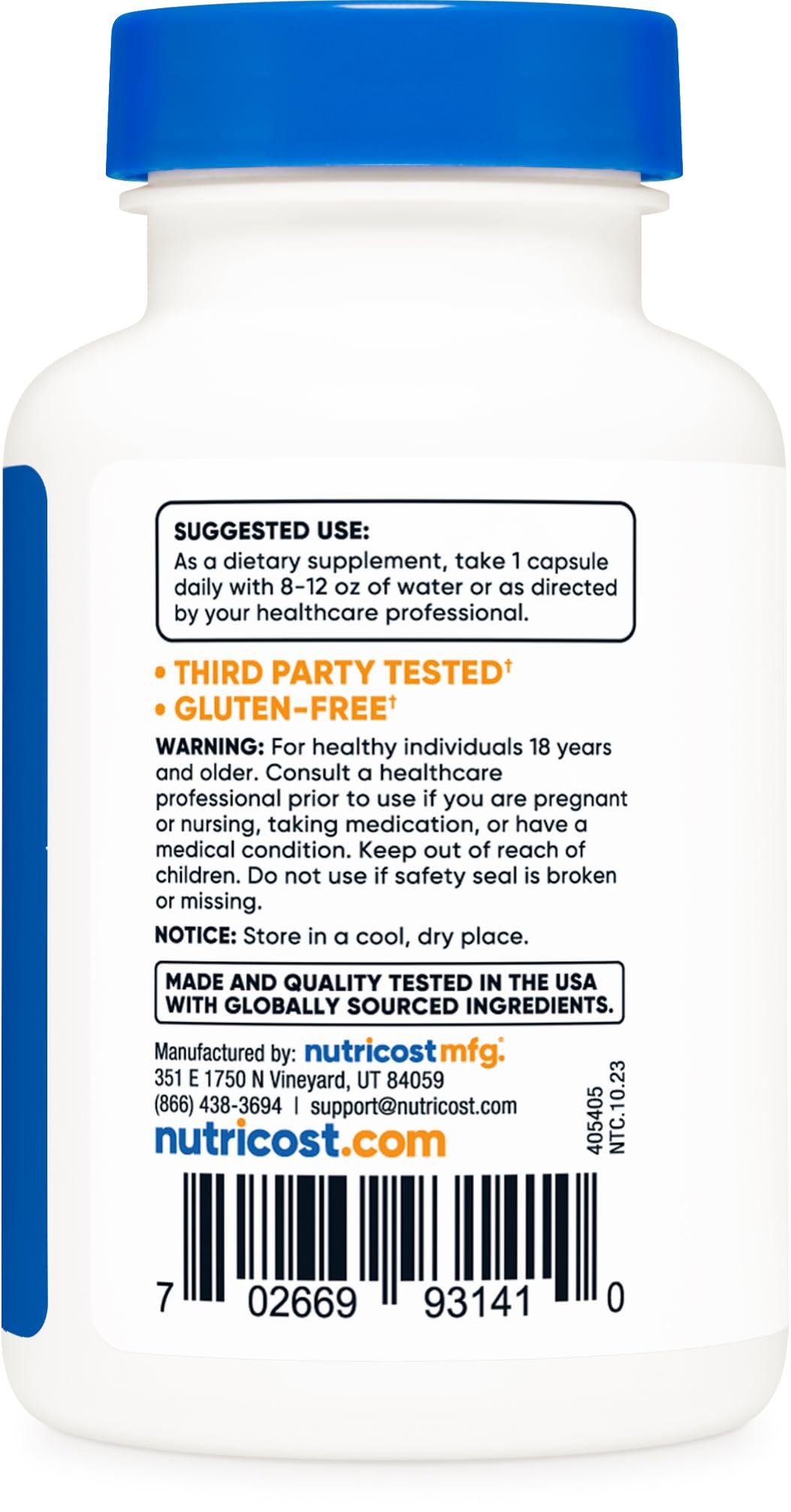 Side view of authentic imported Nutricost energy support capsule bottle