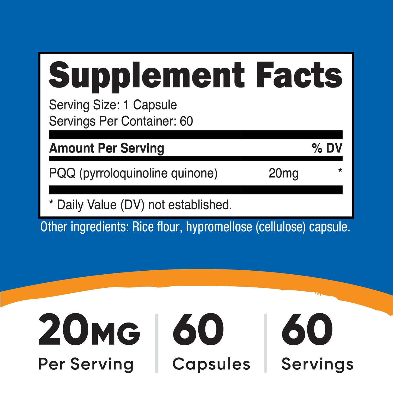 Nutricost Pyrroloquinoline Quinone dietary supplement bottle displaying non-GMO and gluten free certifications