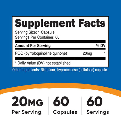 Nutricost Pyrroloquinoline Quinone dietary supplement bottle displaying non-GMO and gluten free certifications